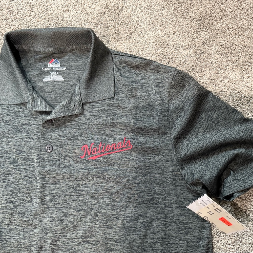 Nationals Majestic Heather Charcoal Polo Shirt with Red Embroidery